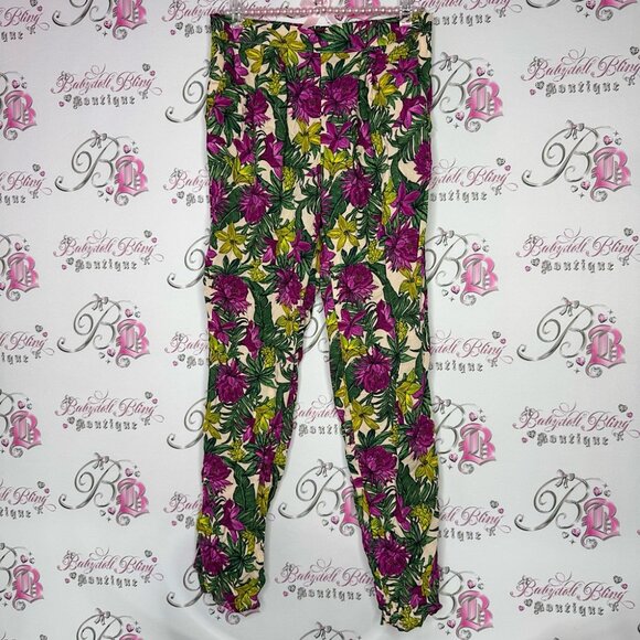 H&M pants floral tropical purple green cream leafs flowers comfy lightweight - Picture 1 of 9